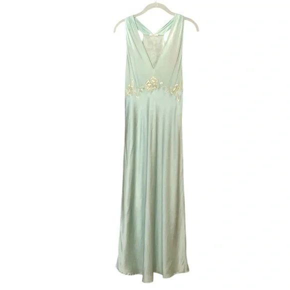 Vintage La Perla Green Silk Lace Nightgown Embroidered Slip Dress Size 3  Women's